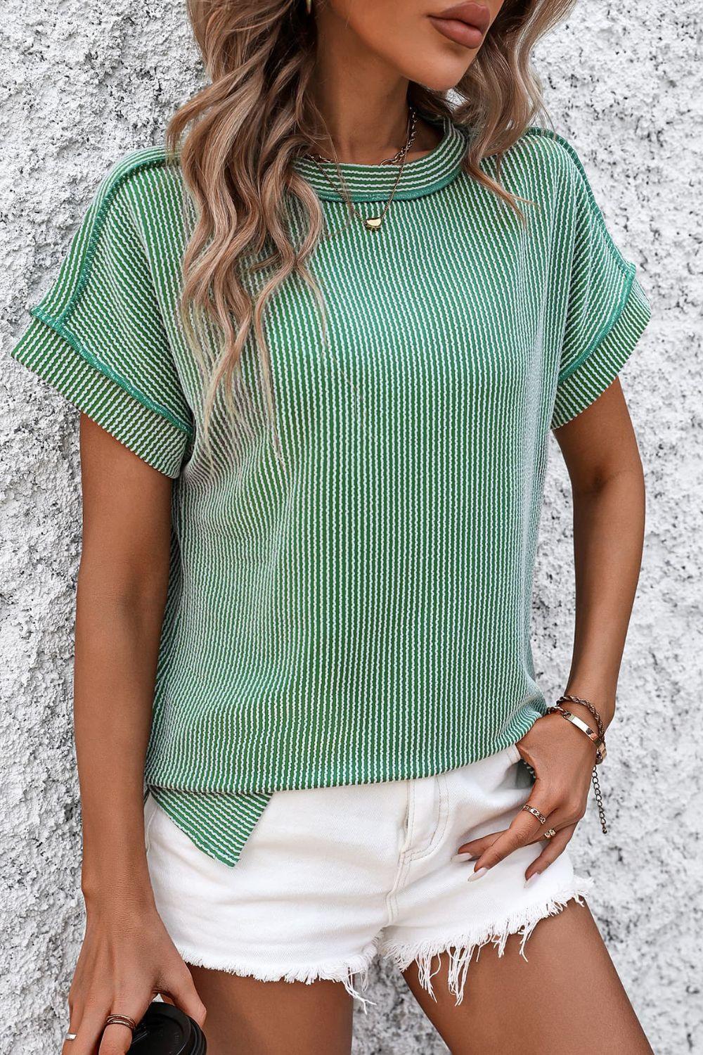 Classic Short Sleeve Striped Tee with Round Neckline - The Nichole Collection