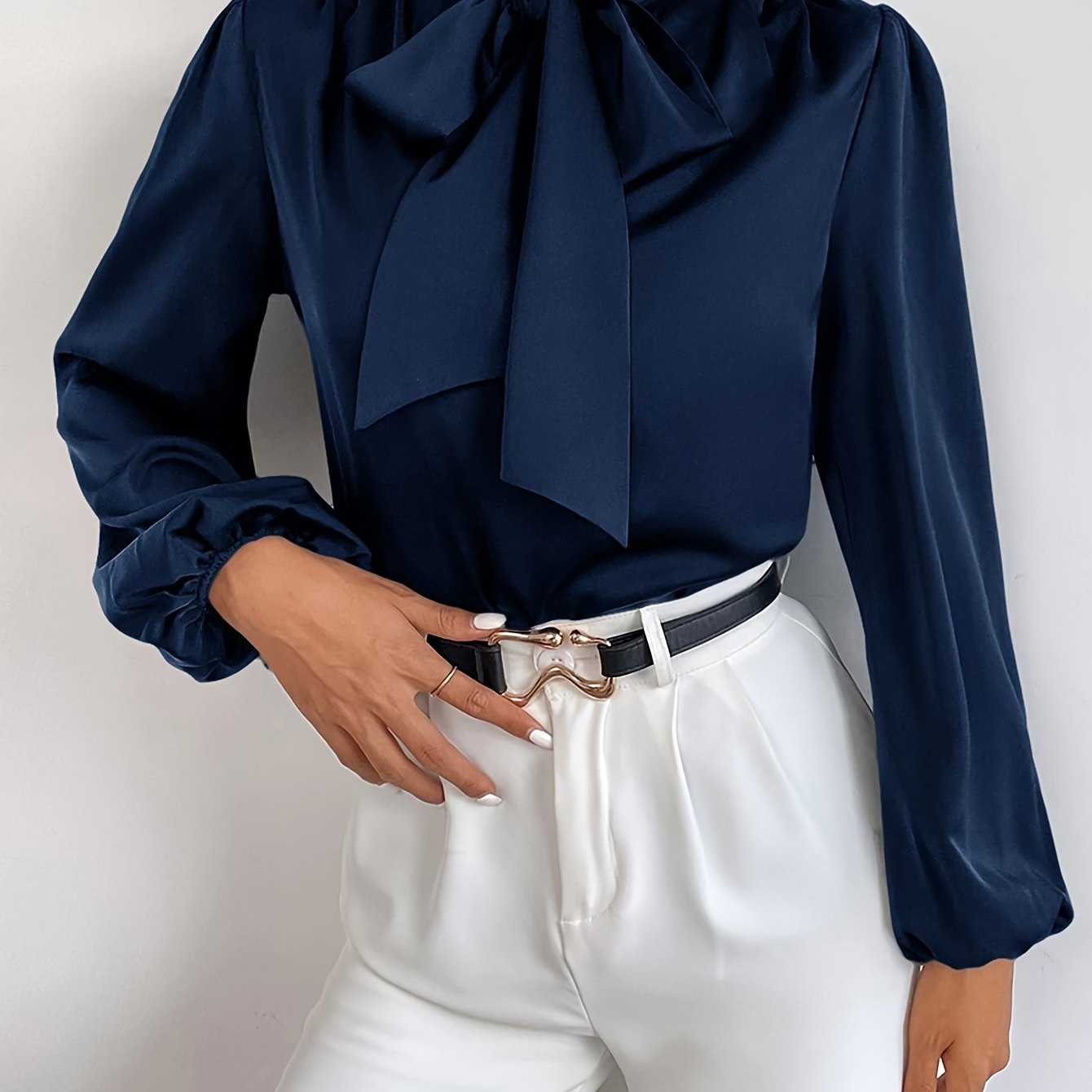 Elegant Satin Feel Blouse with Tie-Neck and Bishop Sleeves