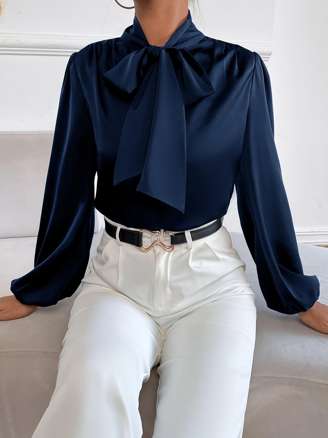 Elegant Satin Feel Blouse with Tie-Neck and Bishop Sleeves