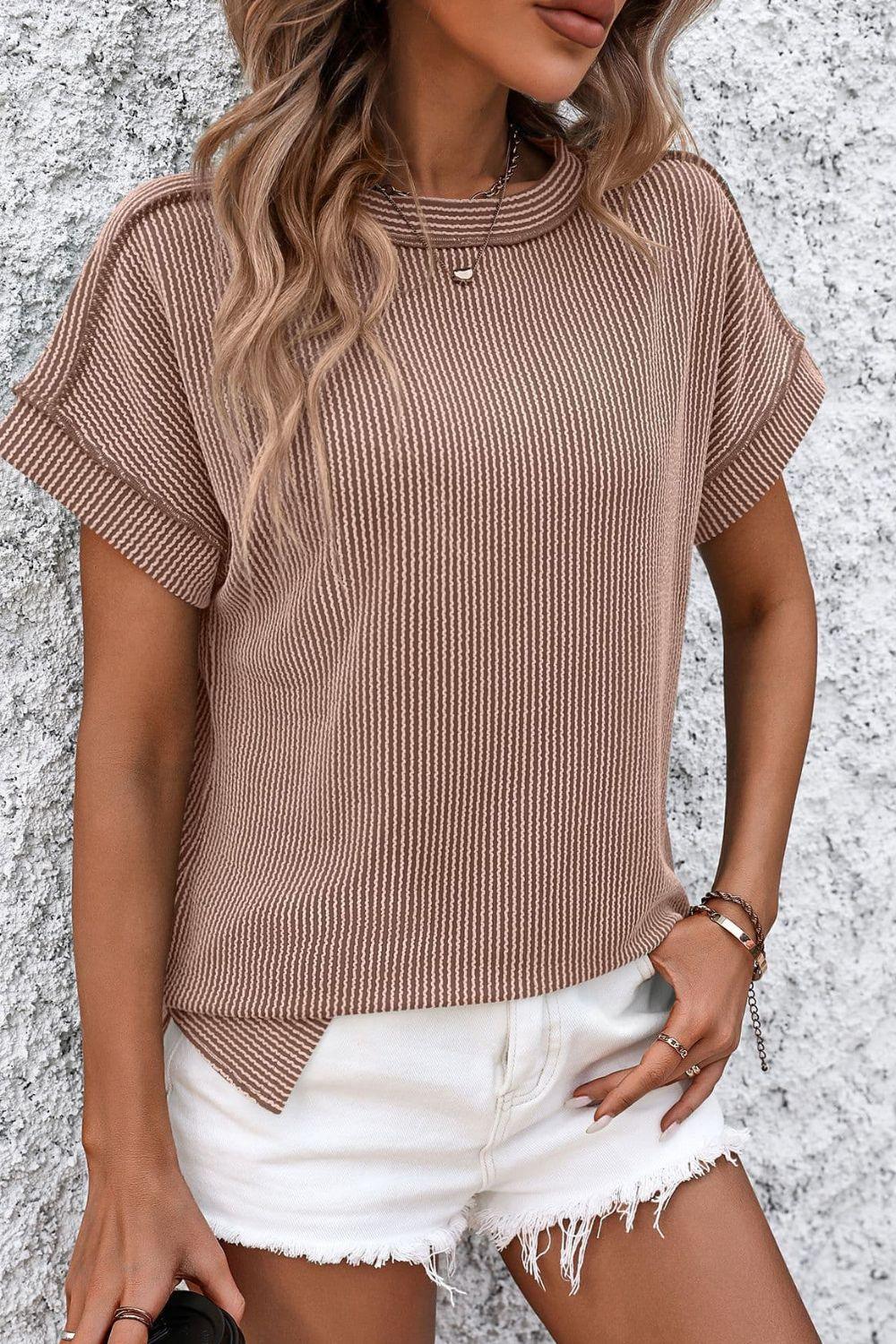 Classic Short Sleeve Striped Tee with Round Neckline - The Nichole Collection