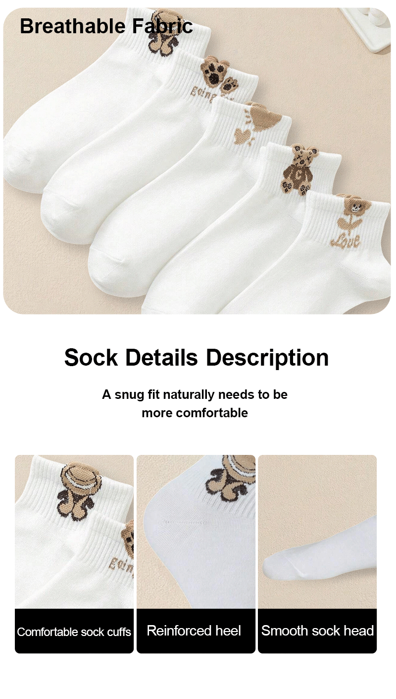 5 Pairs Women's Cartoon Teddy Bear Patterned Ankle Socks - The Nichole Collection