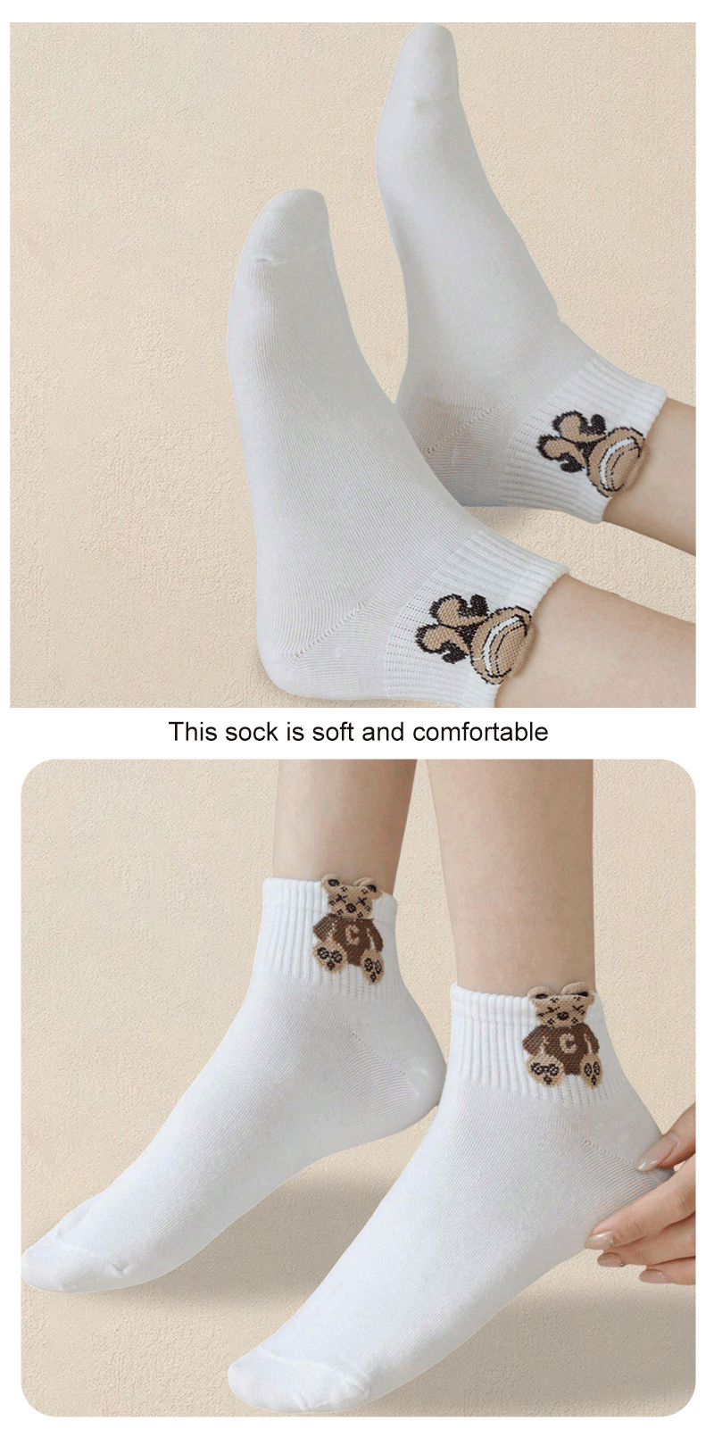 5 Pairs Women's Cartoon Teddy Bear Patterned Ankle Socks - The Nichole Collection