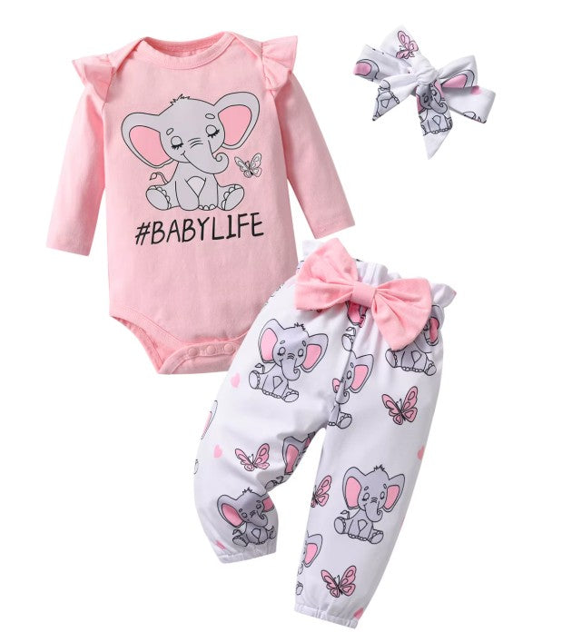 3PCS Newborn Baby Set – Cute Elephant Print Romper, Bow Pants & Hairband