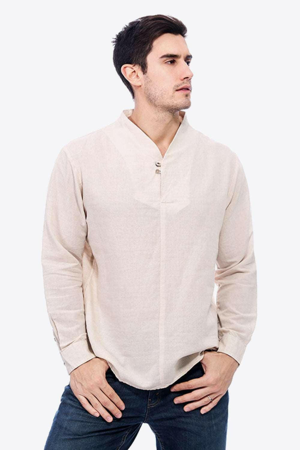 Buttoned V-Neck Linen Tee with Long Sleeves - The Nichole Collection