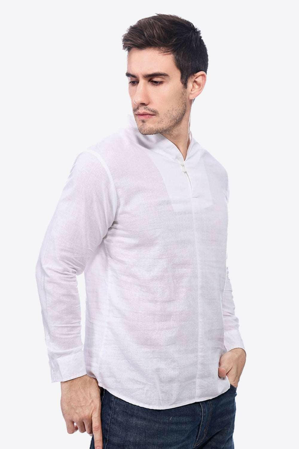 Buttoned V-Neck Linen Tee with Long Sleeves - The Nichole Collection