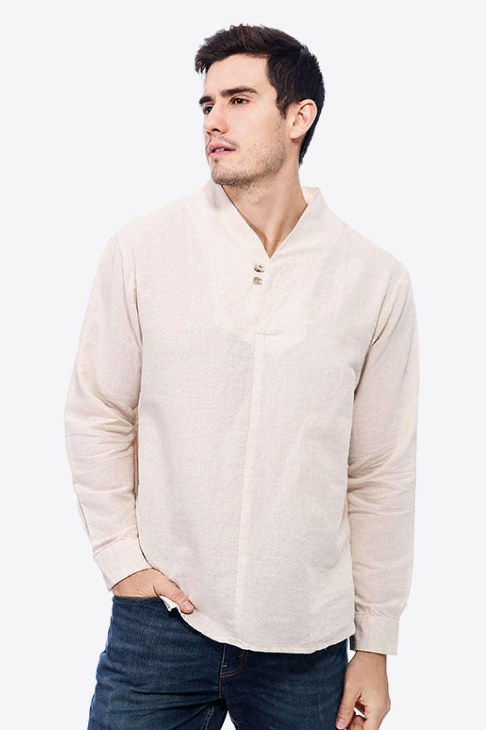 Buttoned V-Neck Linen Tee with Long Sleeves - The Nichole Collection