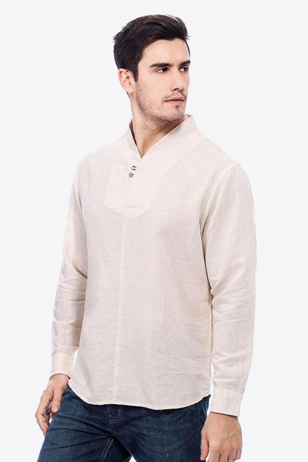 Buttoned V-Neck Linen Tee with Long Sleeves - The Nichole Collection