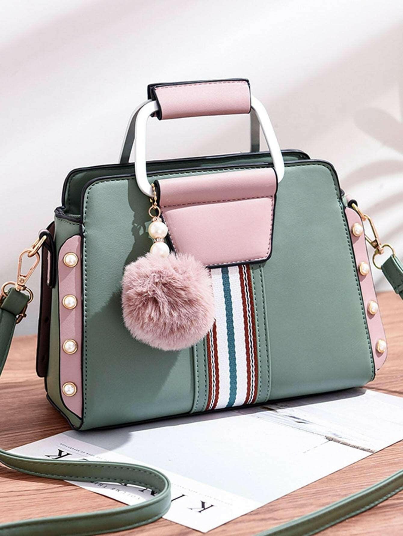 Chic Square Bag in Bright Green Polyester with Playful Pom - The Nichole Collection