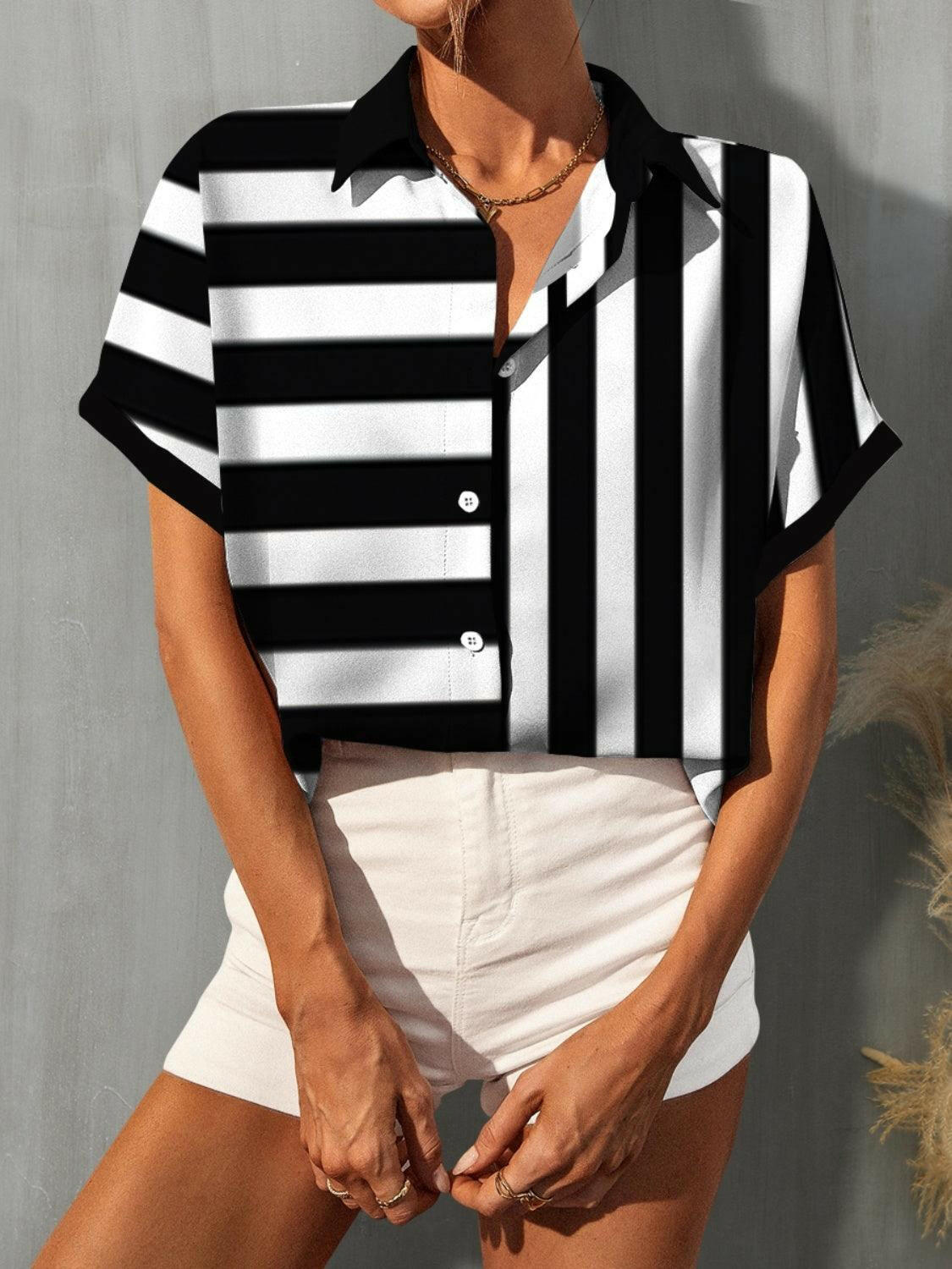 Chic Striped Short Sleeve Button-Up Shirt - The Nichole Collection