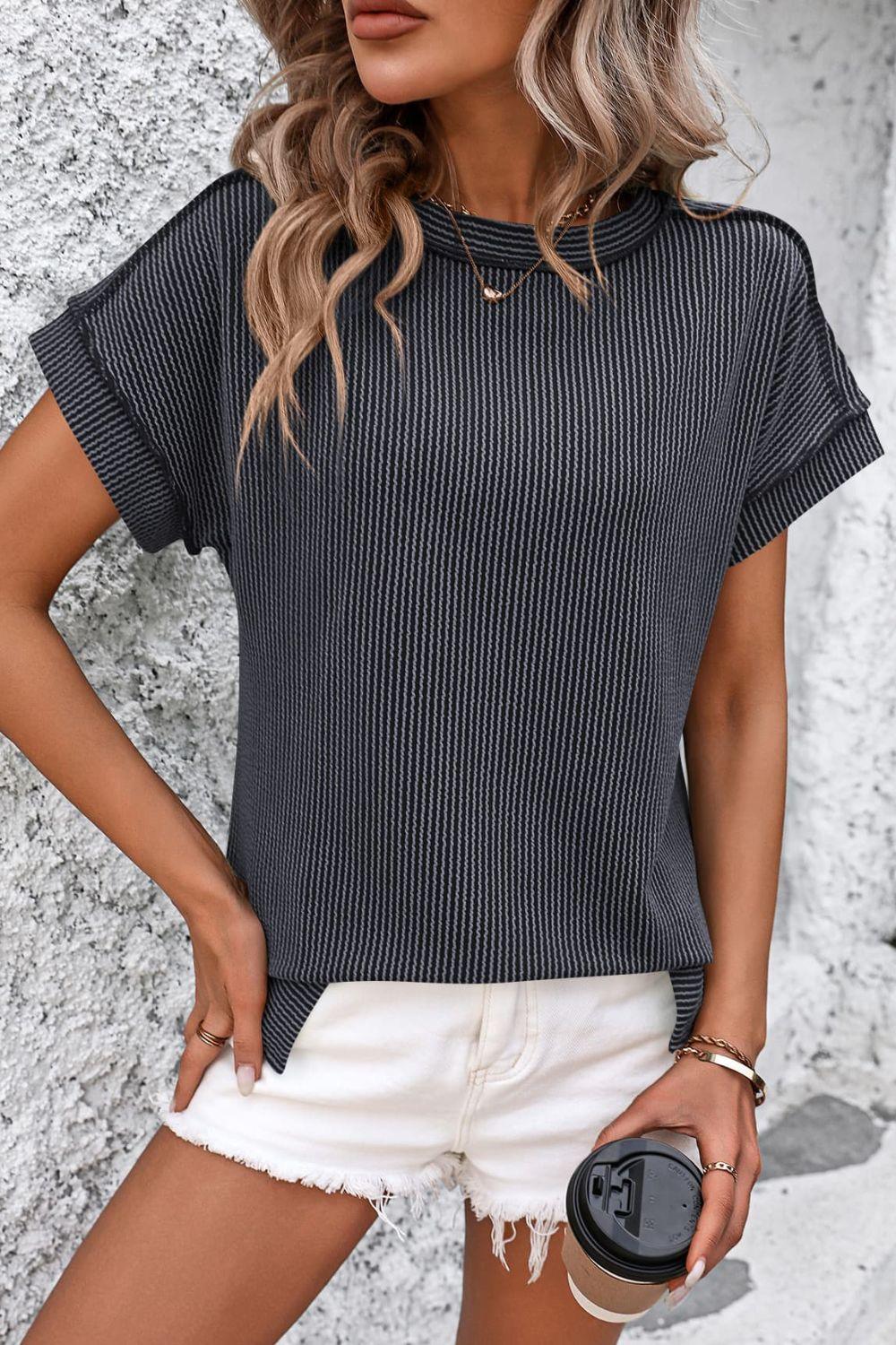 Classic Short Sleeve Striped Tee with Round Neckline - The Nichole Collection