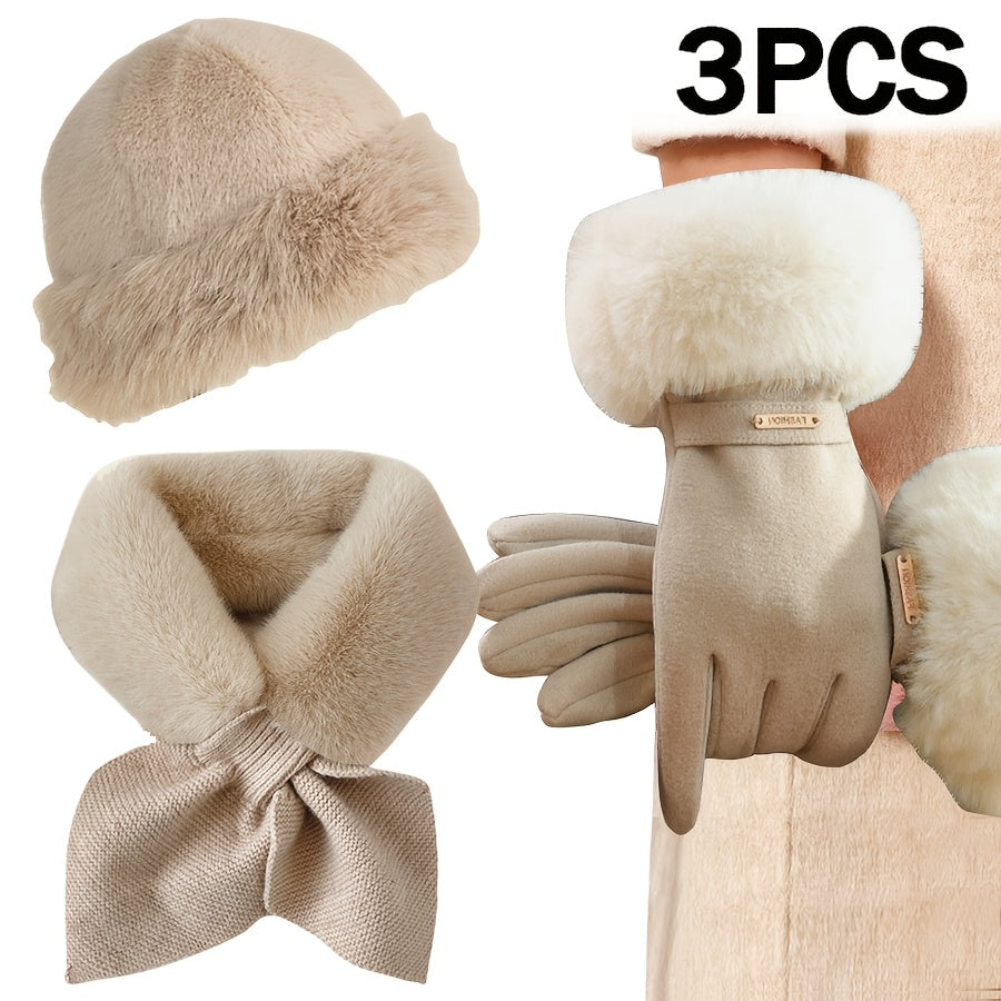 3pcs Winter Warmth Set: Cozy Faux Fur Hat, Gloves & Scarf