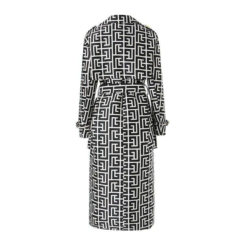 Geometric Pattern Long Trench Coat in Cotton Blend - The Nichole Collection