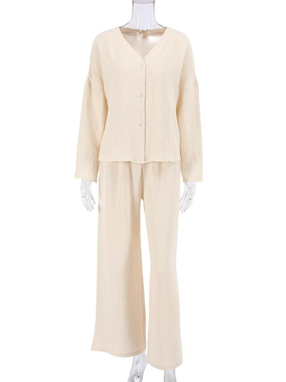 Khaki Pure Cotton Wide Leg Pants Set - The Nichole Collection