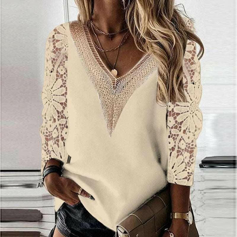 Lace-Detailed V-Neck Long Sleeve Blouse - The Nichole Collection