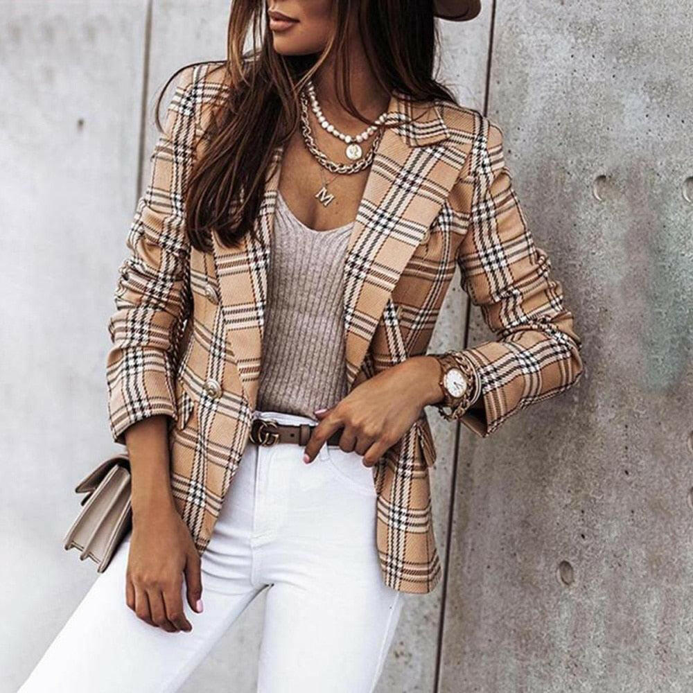 Plaid Blazer Jacket with Double Breasted Closure - The Nichole Collection