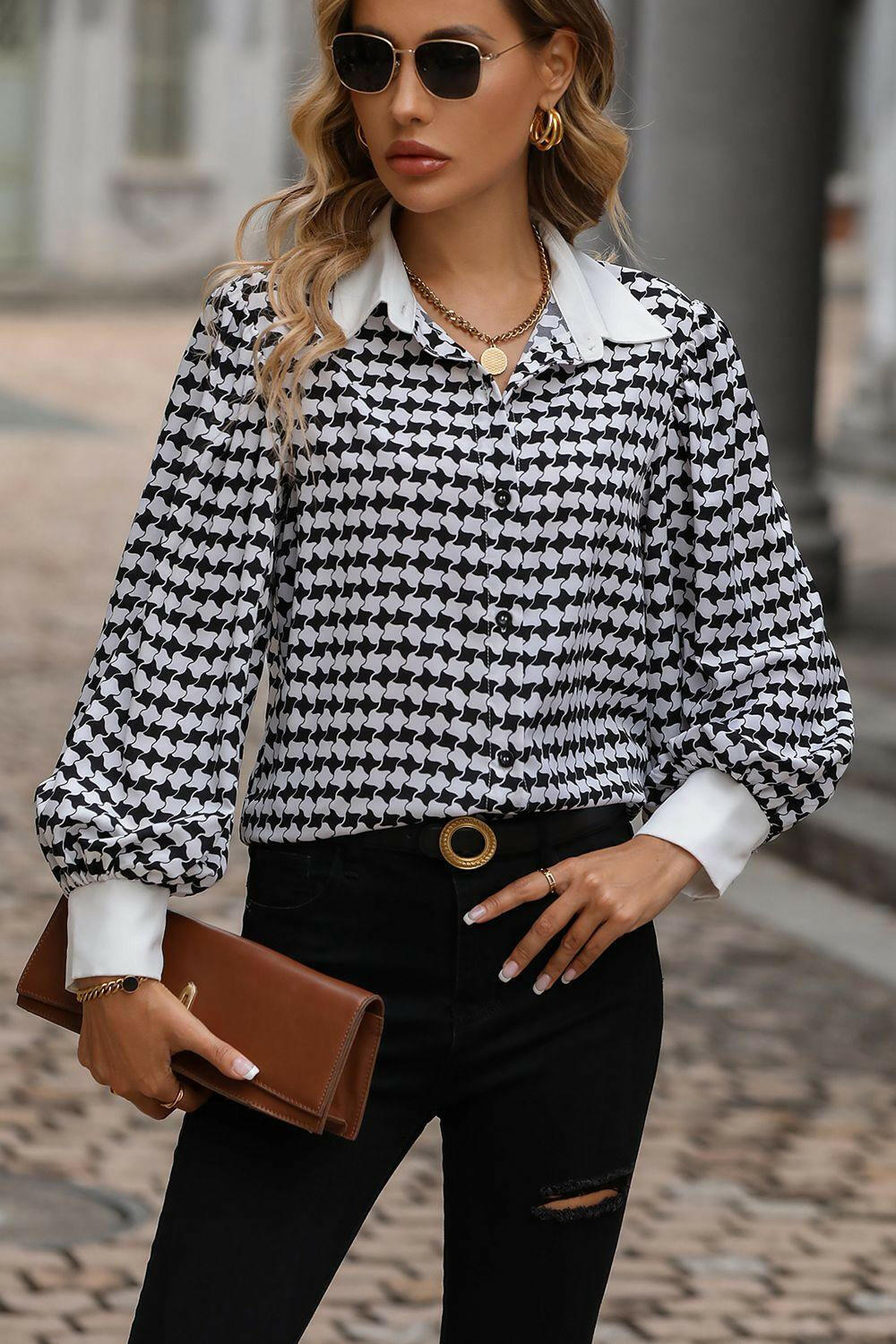 Printed Lantern Sleeve Collared Shirt - Clearance - The Nichole Collection