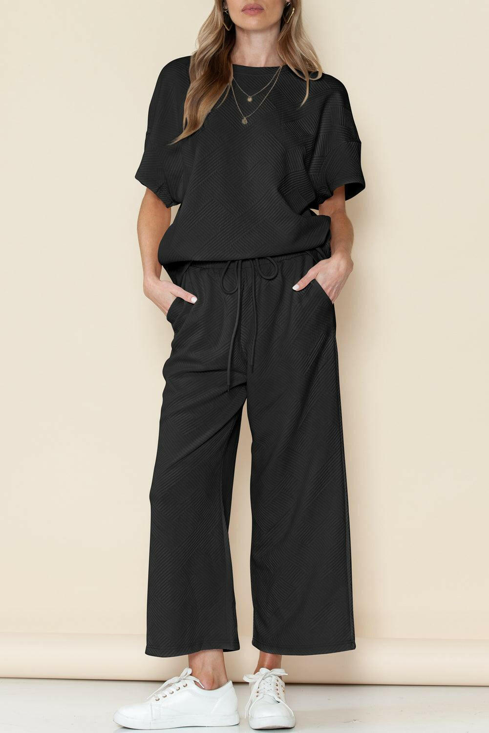 Textured Loose Fit T-Shirt and Drawstring Pants Set - The Nichole Collection