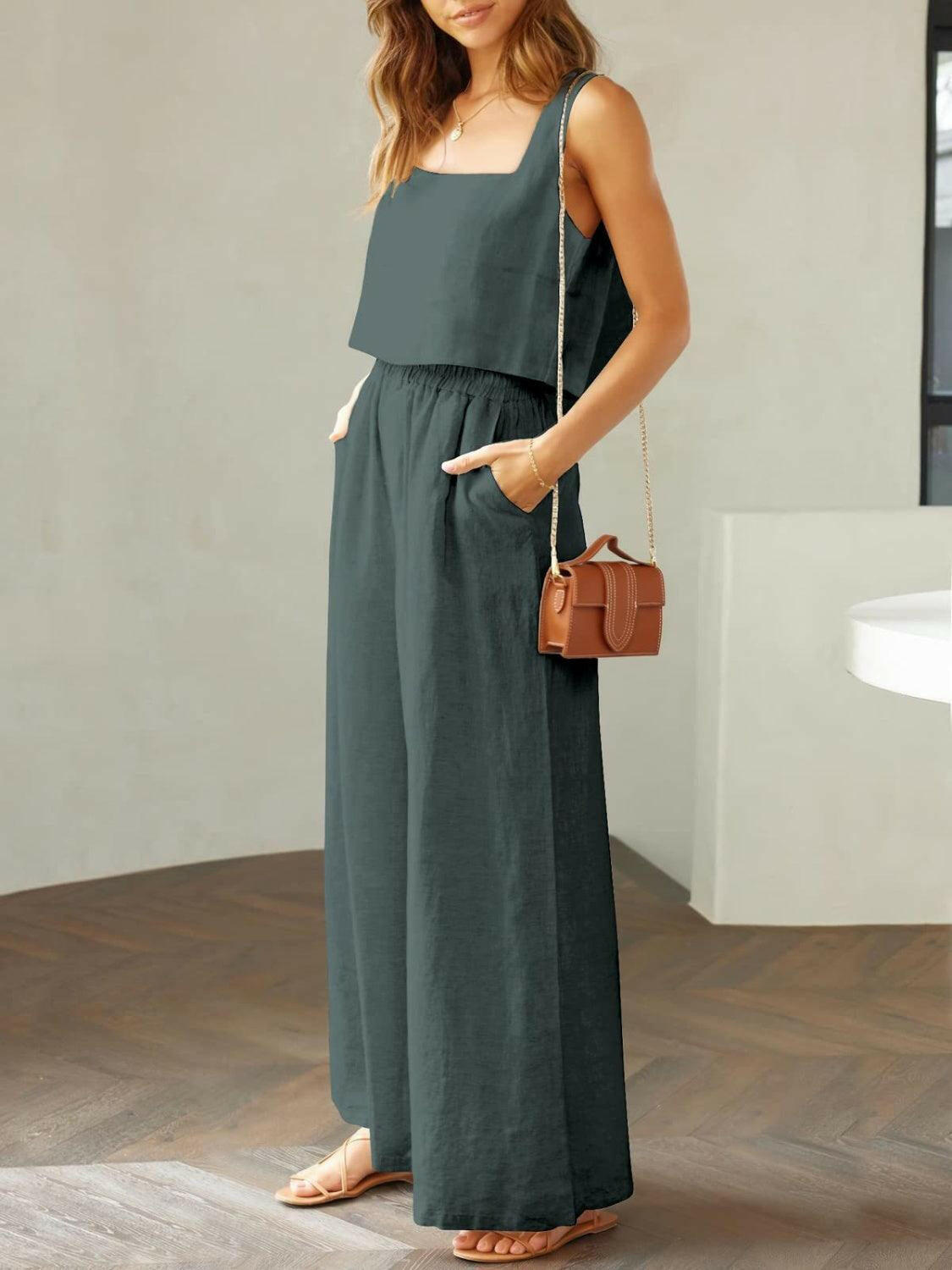 Trendy Square Neck Top and Wide Leg Pants Set - The Nichole Collection