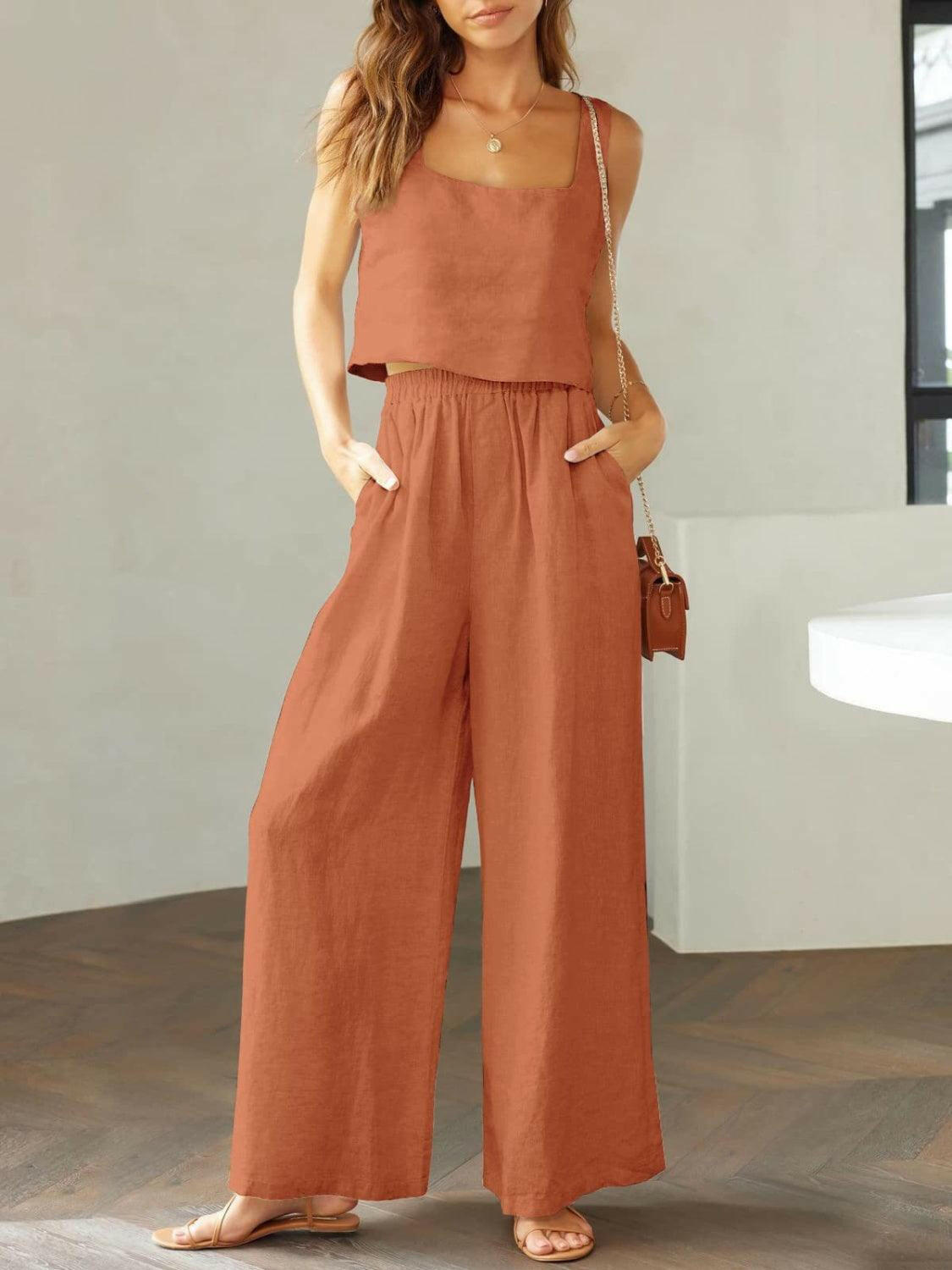 Trendy Square Neck Top and Wide Leg Pants Set - The Nichole Collection