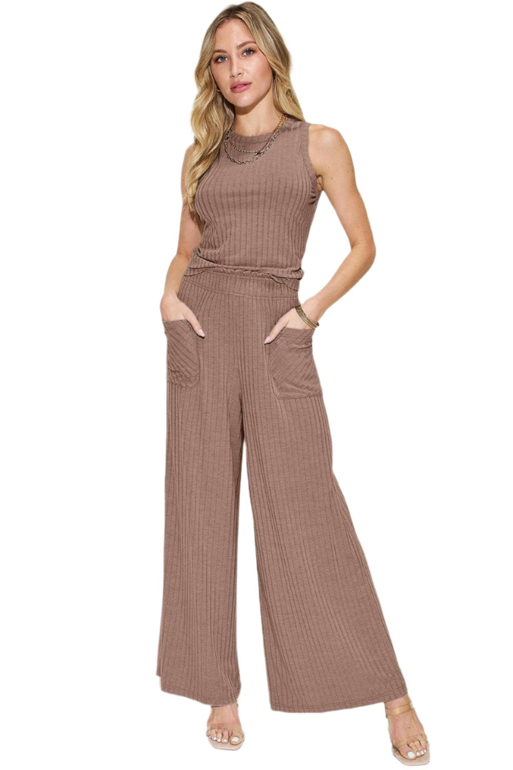 Women's Trendy Stretch Ribbed Tank & Wide Pants Set - The Nichole Collection