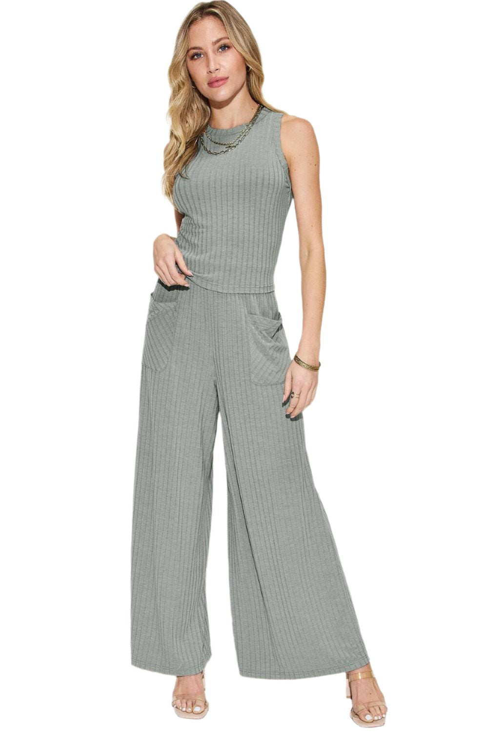 Women's Trendy Stretch Ribbed Tank & Wide Pants Set - The Nichole Collection