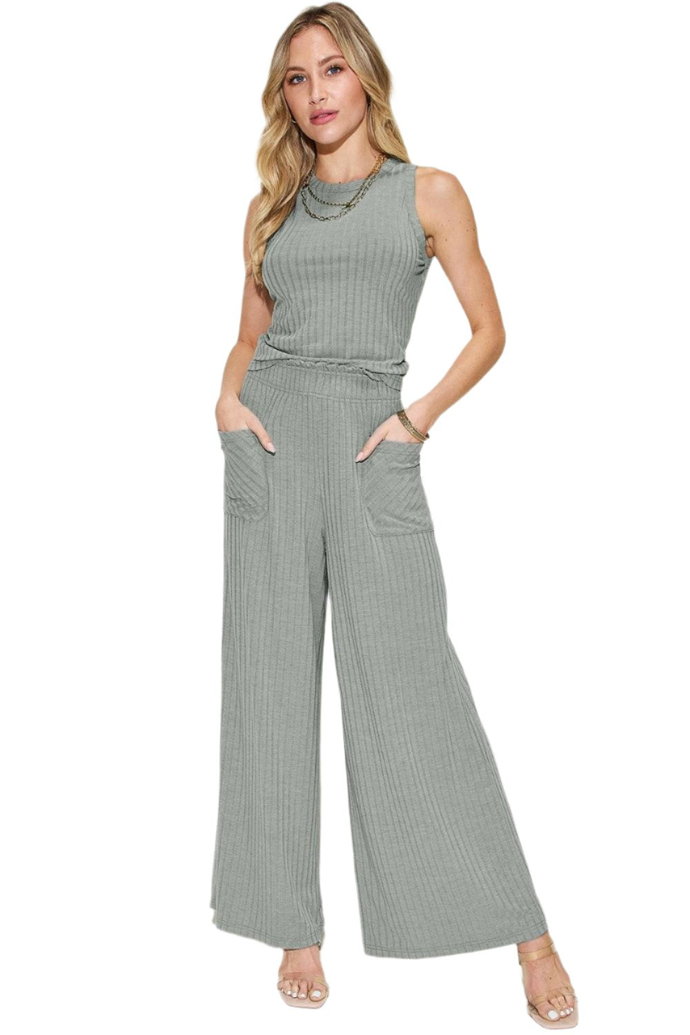 Women's Trendy Stretch Ribbed Tank & Wide Pants Set - The Nichole Collection